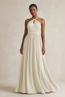 A - Line Halter Chiffon Ruched Bridesmaid Dress in Dove Gray - SHE IS ME Bridesmaid Dresses