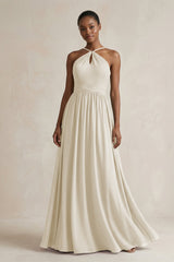 A - Line Halter Chiffon Ruched Bridesmaid Dress in Dove Gray - KISS BRIDAL Bridesmaid Dresses