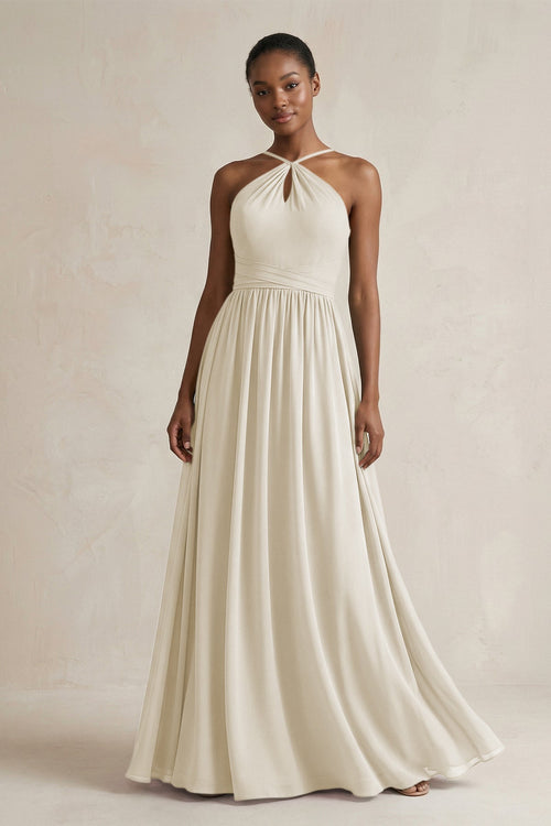 A - Line Halter Chiffon Ruched Bridesmaid Dress in Dove Gray - SHE IS ME Bridesmaid Dresses