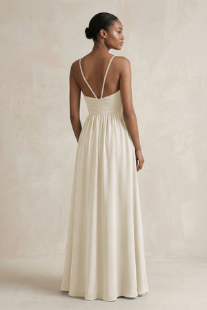 A - Line Halter Chiffon Ruched Bridesmaid Dress in Dove Gray - SHE IS ME Bridesmaid Dresses