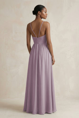 A-Line Halter Chiffon Ruched Bridesmaid Dress in Dusk (2) | KISSBRIDAL