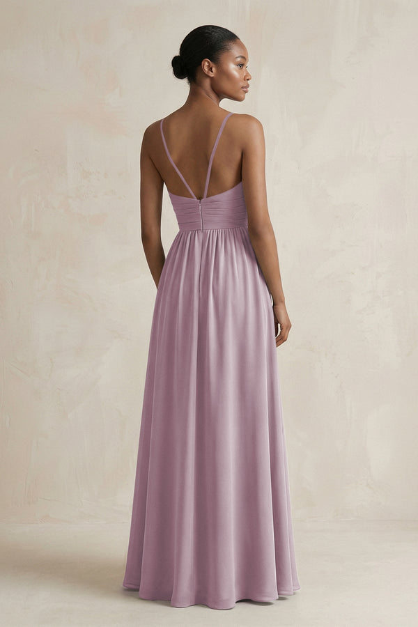 A - Line Halter Chiffon Ruched Bridesmaid Dress in Dusk - SHE IS ME Bridesmaid Dresses