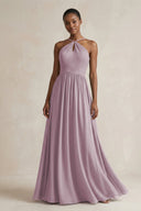A - Line Halter Chiffon Ruched Bridesmaid Dress in Dusk - SHE IS ME Bridesmaid Dresses