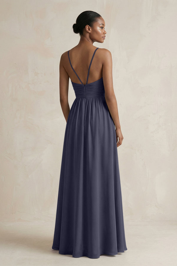 A - Line Halter Chiffon Ruched Bridesmaid Dress in Dusk Blue - SHE IS ME Bridesmaid Dresses