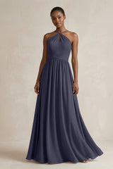A - Line Halter Chiffon Ruched Bridesmaid Dress in Dusk Blue - KISS BRIDAL Bridesmaid Dresses