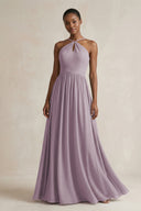 A-Line Halter Chiffon Ruched Bridesmaid Dress in Dusk | KISSBRIDAL