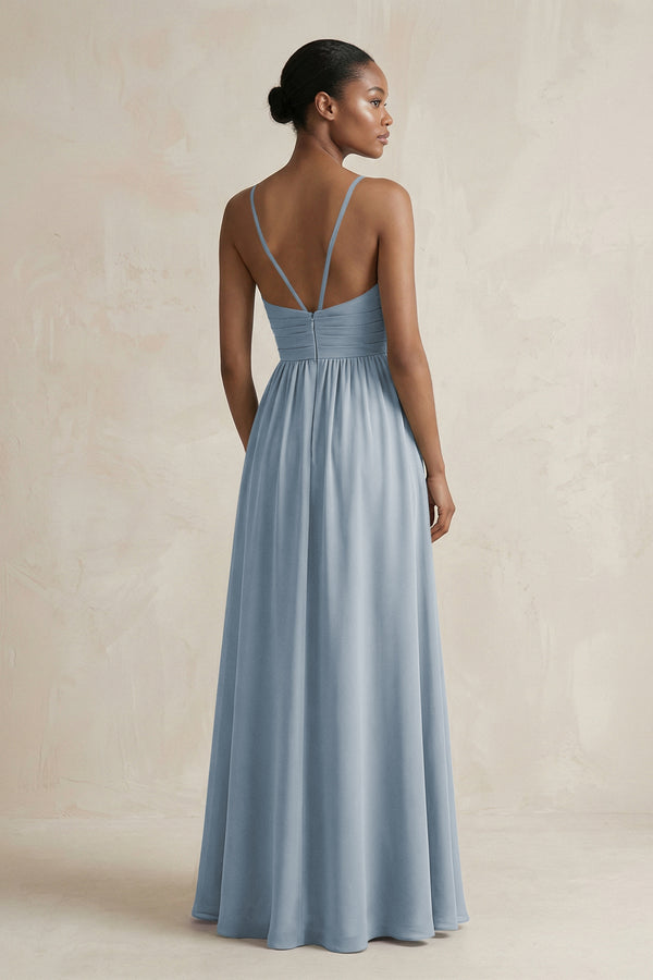 A-Line Halter Chiffon Ruched Bridesmaid Dress in Dusty Blue (2) | KISSBRIDAL