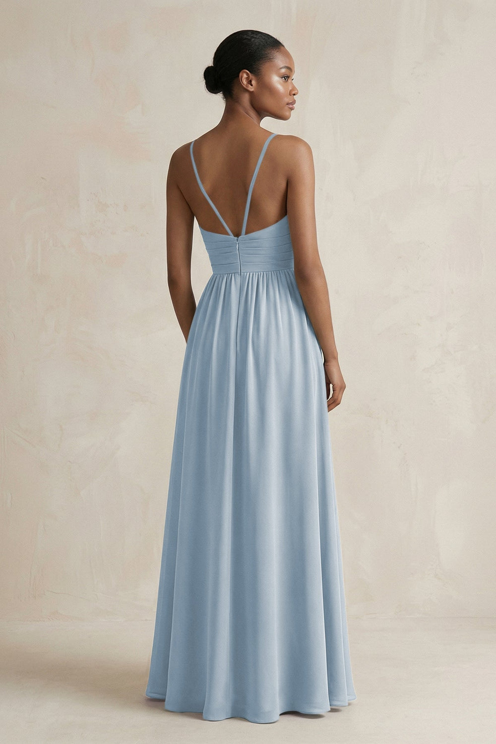 A - Line Halter Chiffon Ruched Bridesmaid Dress in Dusty Blue - KISS BRIDAL Bridesmaid Dresses