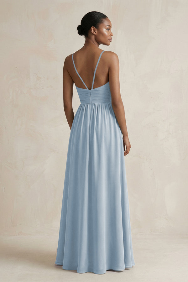 A - Line Halter Chiffon Ruched Bridesmaid Dress in Dusty Blue - SHE IS ME Bridesmaid Dresses