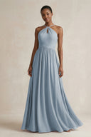 A-Line Halter Chiffon Ruched Bridesmaid Dress in Dusty Blue | KISSBRIDAL