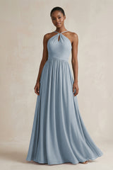 A-Line Halter Chiffon Ruched Bridesmaid Dress in Dusty Blue | KISSBRIDAL