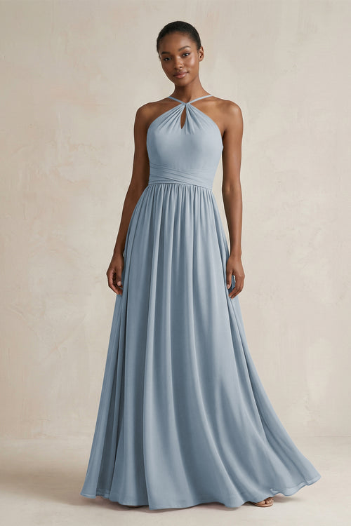 A-Line Halter Chiffon Ruched Bridesmaid Dress in Dusty Blue | KISSBRIDAL