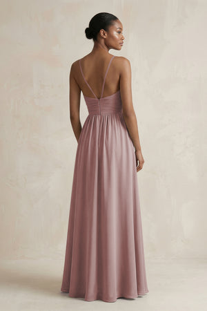 A-Line Halter Chiffon Ruched Bridesmaid Dress in Dusty Rose (2) | KISSBRIDAL