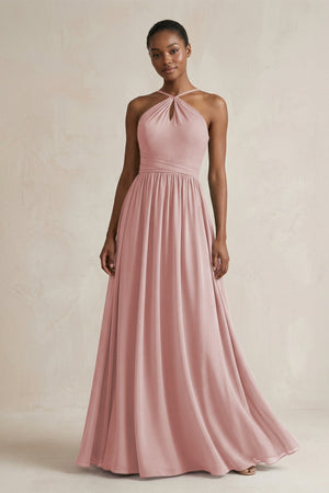A - Line Halter Chiffon Ruched Bridesmaid Dress in Dusty Rose - SHE IS ME Bridesmaid Dresses