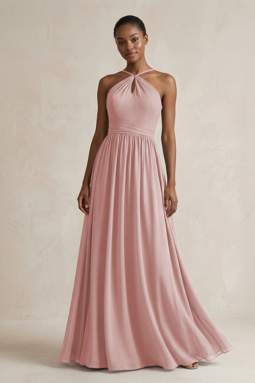 A - Line Halter Chiffon Ruched Bridesmaid Dress in Dusty Rose - SHE IS ME Bridesmaid Dresses