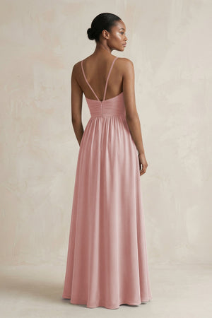 A - Line Halter Chiffon Ruched Bridesmaid Dress in Dusty Rose - SHE IS ME Bridesmaid Dresses