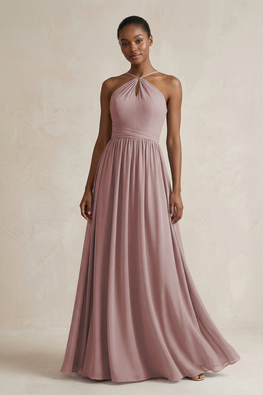 A-Line Halter Chiffon Ruched Bridesmaid Dress in Dusty Rose