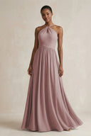A-Line Halter Chiffon Ruched Bridesmaid Dress in Dusty Rose | KISSBRIDAL