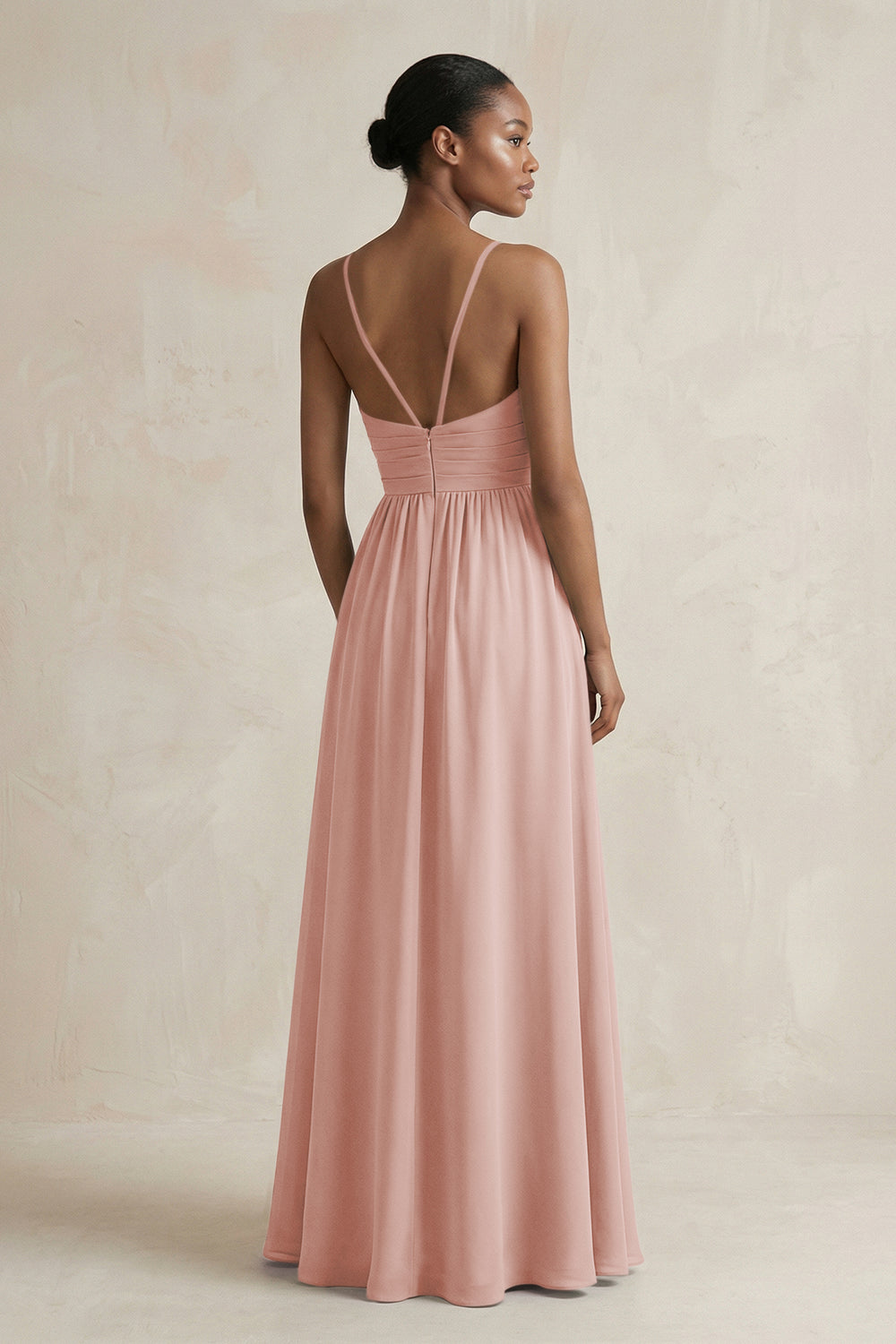 A-Line Halter Chiffon Ruched Bridesmaid Dress in English Rose