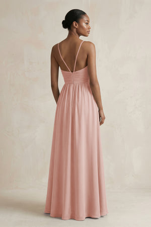 A-Line Halter Chiffon Ruched Bridesmaid Dress in English Rose (2) | KISSBRIDAL