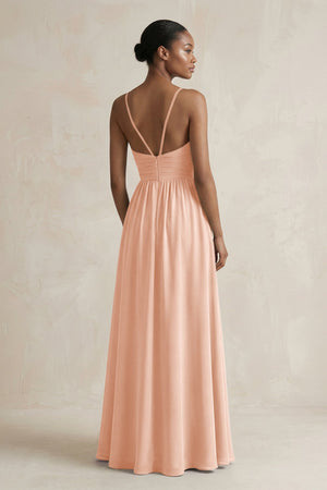 A - Line Halter Chiffon Ruched Bridesmaid Dress in English Rose - SHE IS ME Bridesmaid Dresses