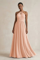 A - Line Halter Chiffon Ruched Bridesmaid Dress in English Rose - SHE IS ME Bridesmaid Dresses