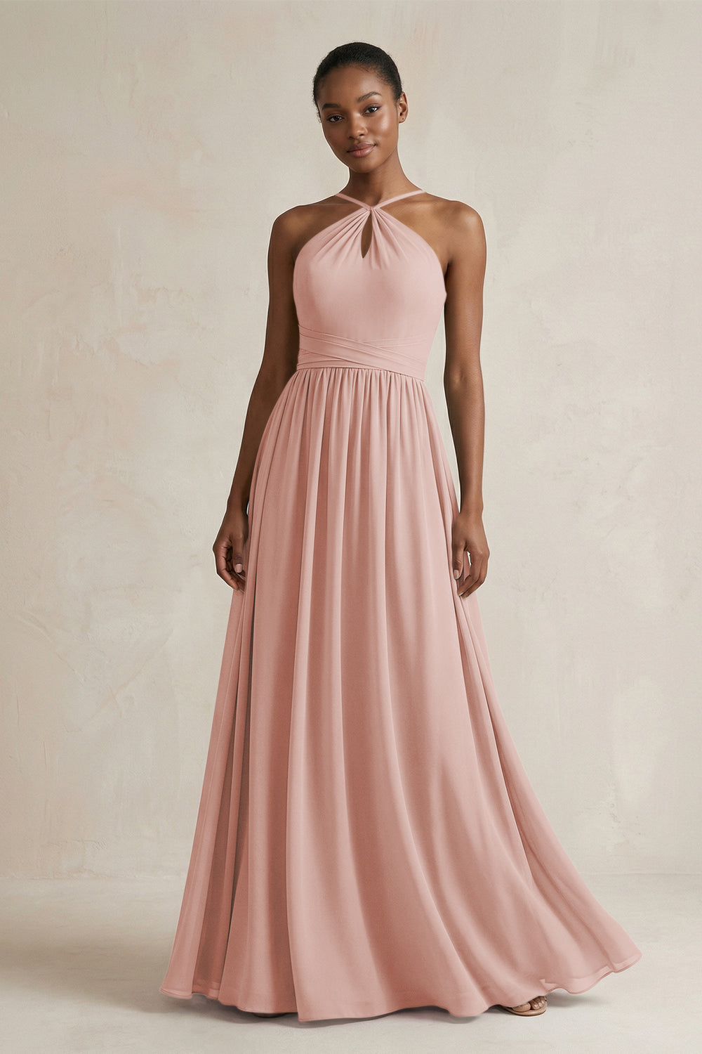 A-Line Halter Chiffon Ruched Bridesmaid Dress in English Rose