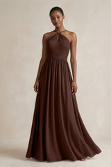 A - Line Halter Chiffon Ruched Bridesmaid Dress in Espresso - KISS BRIDAL Bridesmaid Dresses