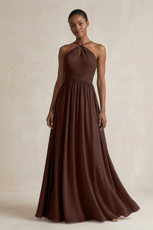 A - Line Halter Chiffon Ruched Bridesmaid Dress in Espresso - SHE IS ME Bridesmaid Dresses