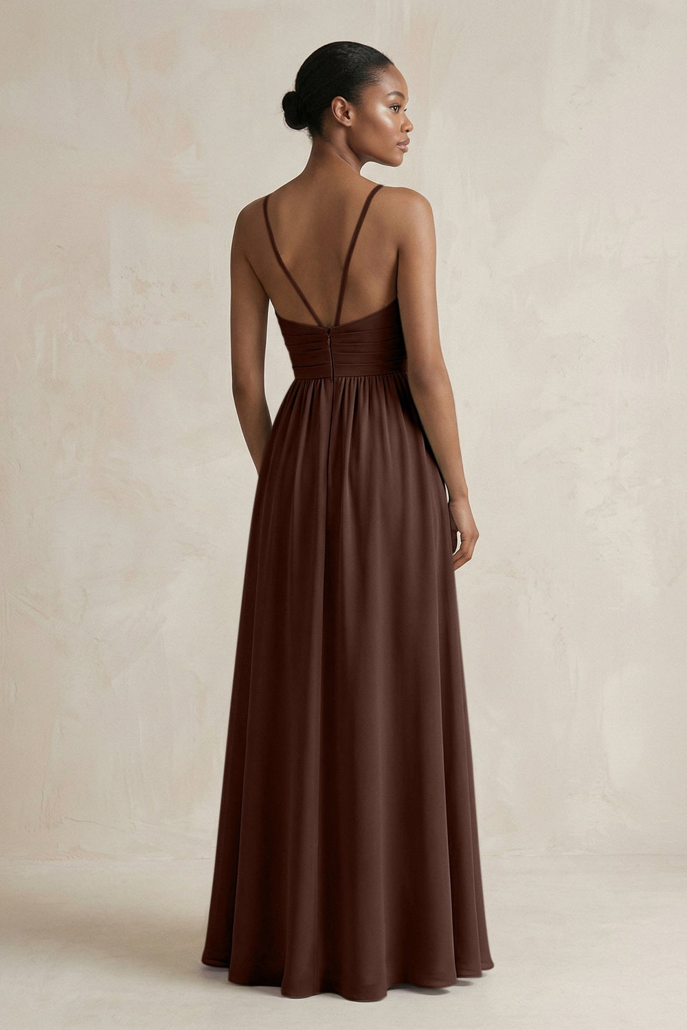 A - Line Halter Chiffon Ruched Bridesmaid Dress in Espresso - KISS BRIDAL Bridesmaid Dresses