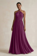 A - Line Halter Chiffon Ruched Bridesmaid Dress in Fig - SHE IS ME Bridesmaid Dresses