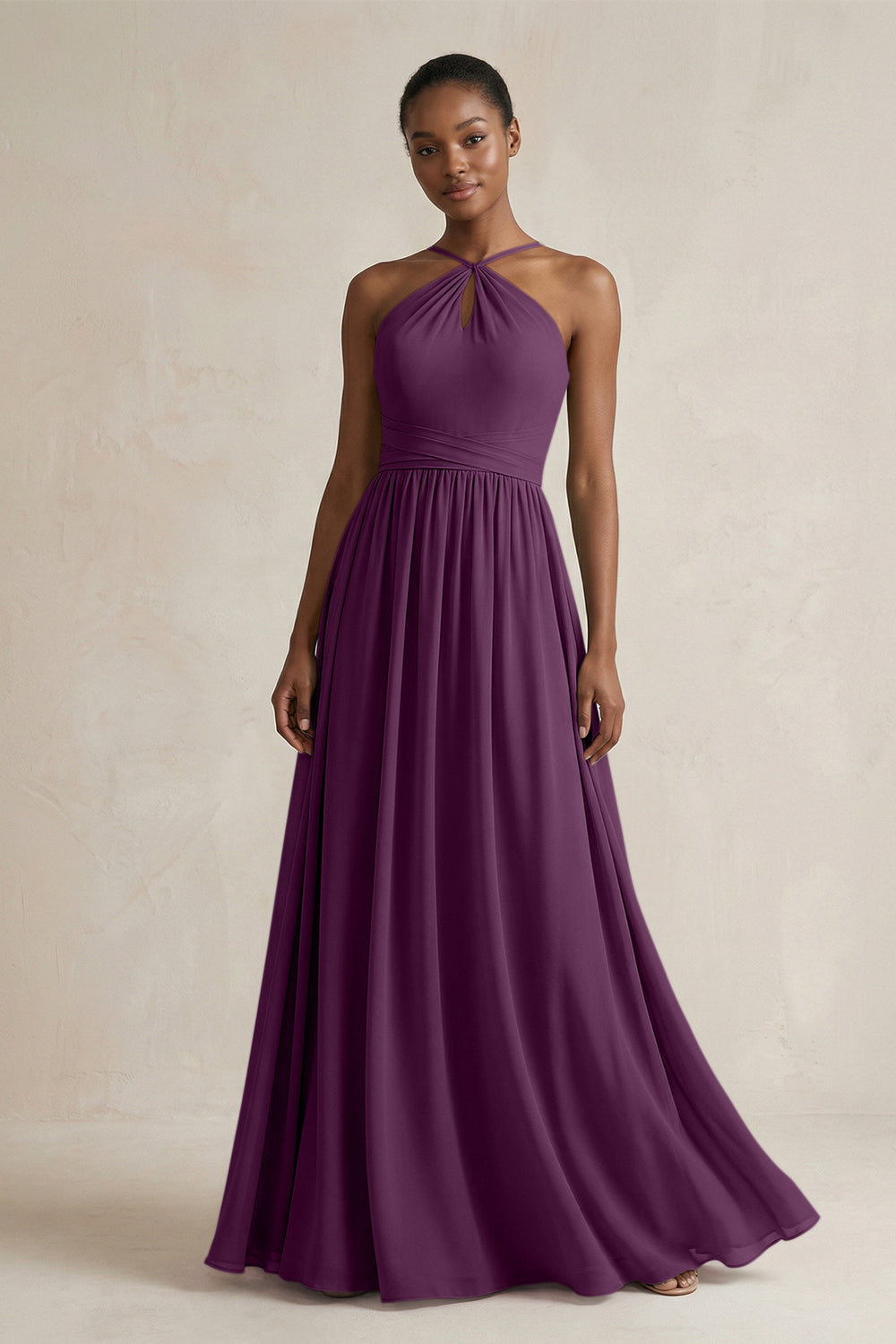 A-Line Halter Chiffon Ruched Bridesmaid Dress in Fig
