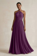 A-Line Halter Chiffon Ruched Bridesmaid Dress in Fig | KISSBRIDAL