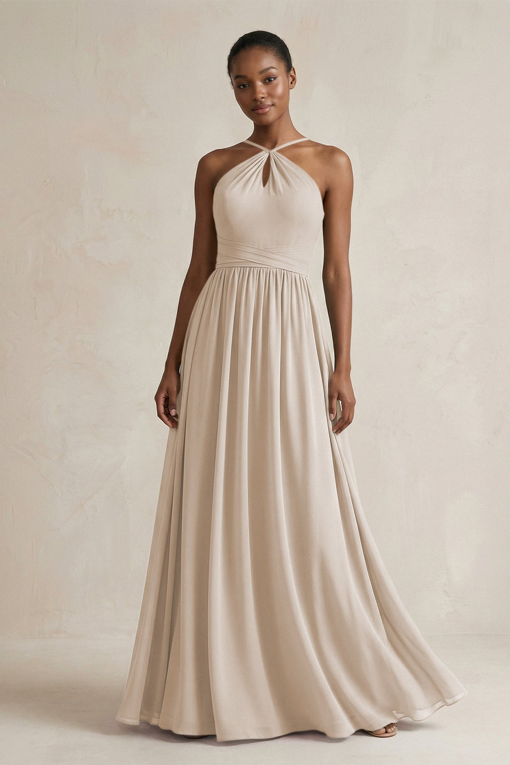 A - Line Halter Chiffon Ruched Bridesmaid Dress in Frost - KISS BRIDAL Bridesmaid Dresses
