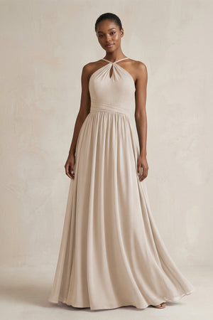 A - Line Halter Chiffon Ruched Bridesmaid Dress in Frost - SHE IS ME Bridesmaid Dresses