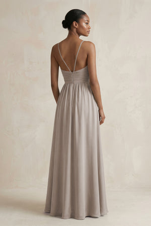 A-Line Halter Chiffon Ruched Bridesmaid Dress in Frost (2) | KISSBRIDAL