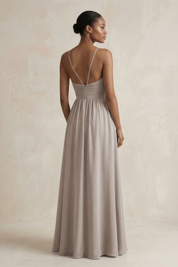 A-Line Halter Chiffon Ruched Bridesmaid Dress in Frost (2) | KISSBRIDAL