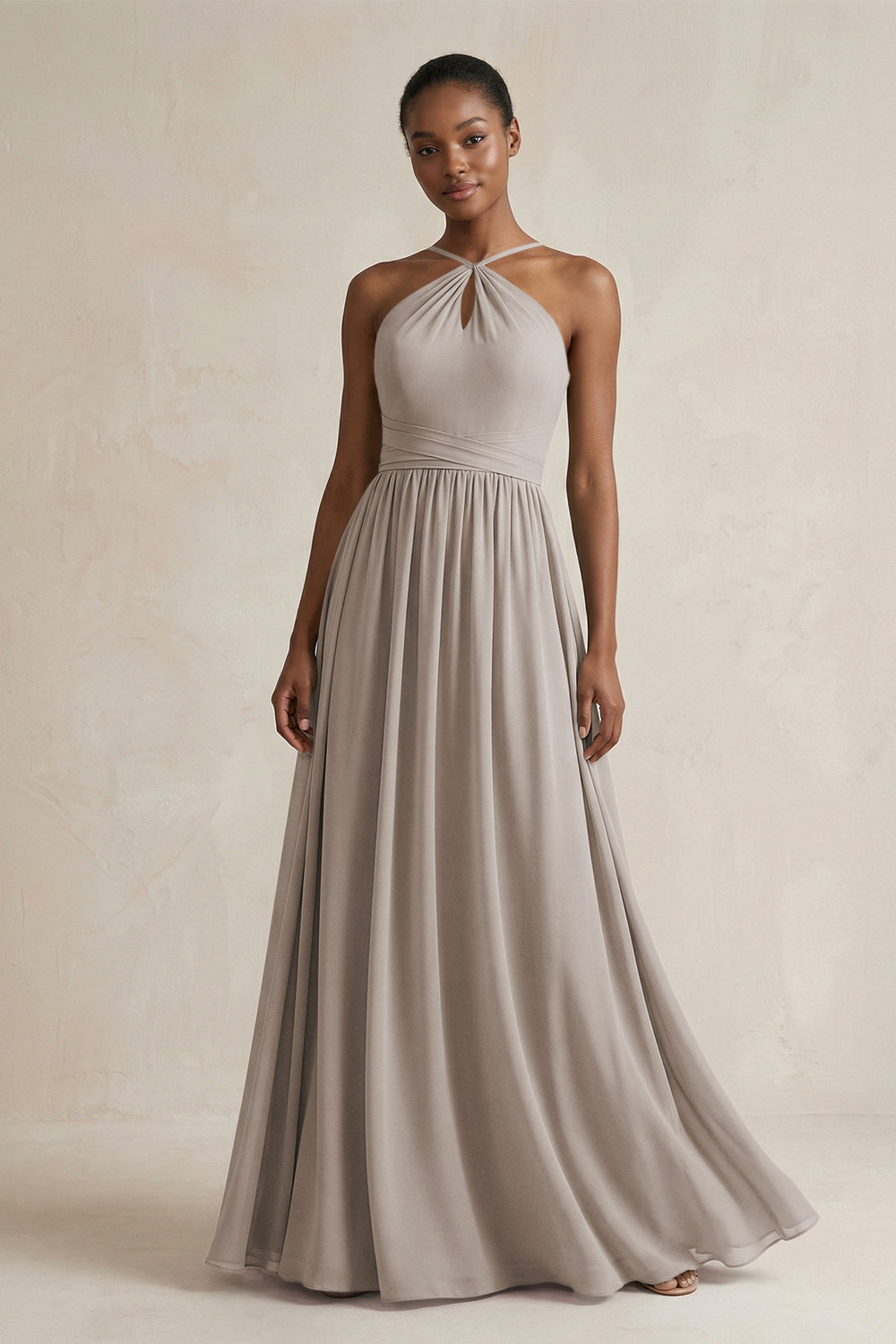 A-Line Halter Chiffon Ruched Bridesmaid Dress in Frost