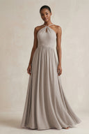 A-Line Halter Chiffon Ruched Bridesmaid Dress in Frost | KISSBRIDAL