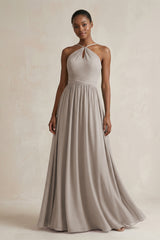 A-Line Halter Chiffon Ruched Bridesmaid Dress in Frost | KISSBRIDAL