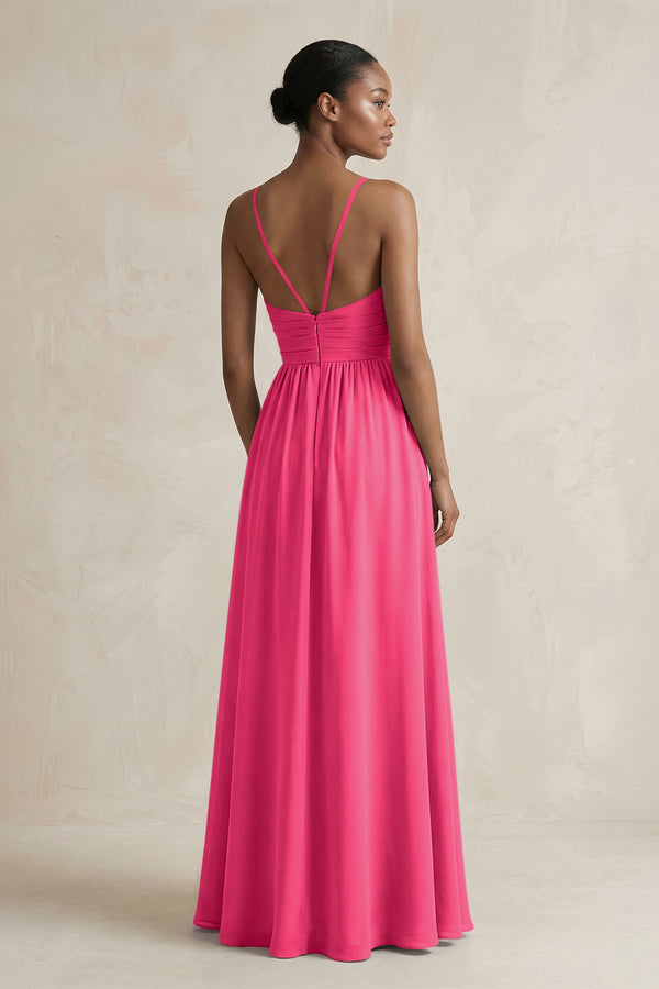 A-Line Halter Chiffon Ruched Bridesmaid Dress in Fuchsia (2) | KISSBRIDAL