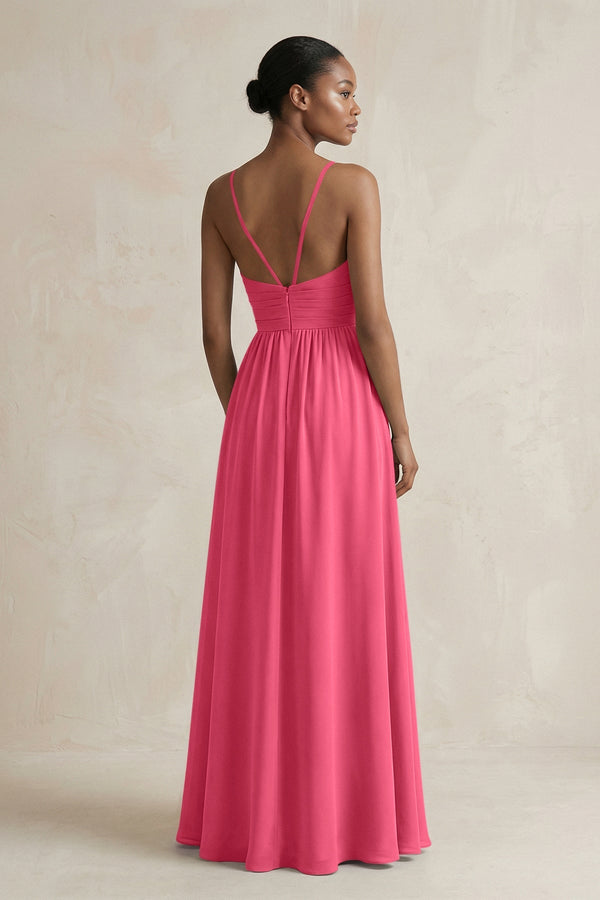 A - Line Halter Chiffon Ruched Bridesmaid Dress in Fuchsia - SHE IS ME Bridesmaid Dresses