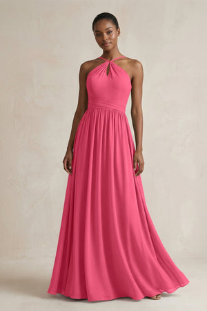 A - Line Halter Chiffon Ruched Bridesmaid Dress in Fuchsia - SHE IS ME Bridesmaid Dresses
