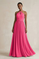 A-Line Halter Chiffon Ruched Bridesmaid Dress in Fuchsia | KISSBRIDAL