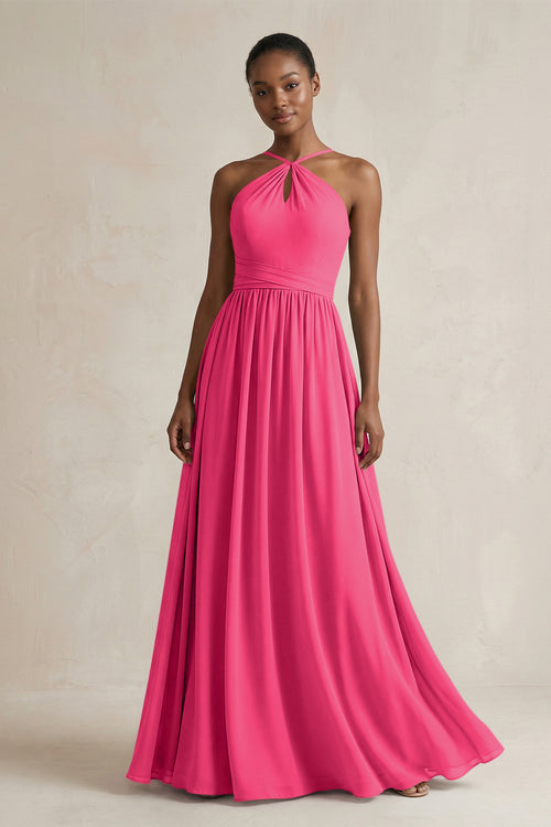 A-Line Halter Chiffon Ruched Bridesmaid Dress in Fuchsia | KISSBRIDAL