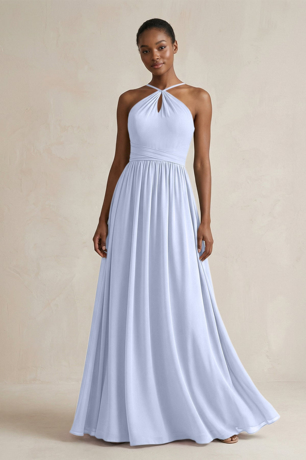A - Line Halter Chiffon Ruched Bridesmaid Dress in Ice - KISS BRIDAL Bridesmaid Dresses