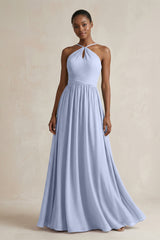 A-Line Halter Chiffon Ruched Bridesmaid Dress in Ice | KISSBRIDAL