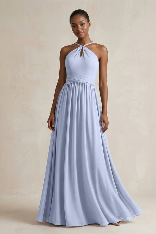 A-Line Halter Chiffon Ruched Bridesmaid Dress in Ice | KISSBRIDAL