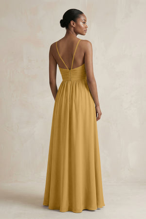 A-Line Halter Chiffon Ruched Bridesmaid Dress in Marigold (2) | KISSBRIDAL