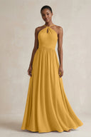 A - Line Halter Chiffon Ruched Bridesmaid Dress in Marigold - SHE IS ME Bridesmaid Dresses